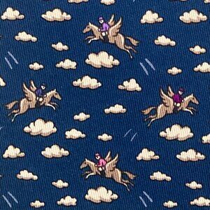 100% REAL HERMES TIE ~ DARK BLUE w/ FLYING PEGASUS JOCKEYS & PURPLE CLOUDS XL